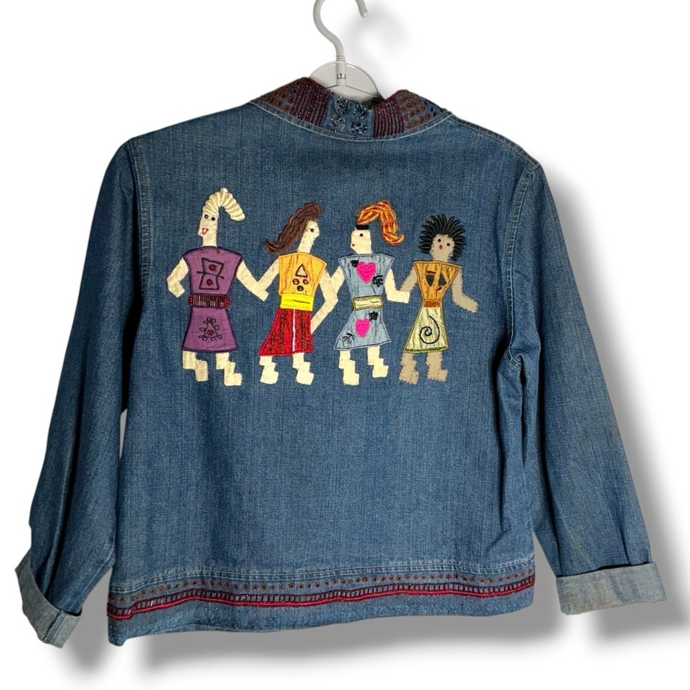 Chico’s Jean Jacket Denim Embroidered Friends Beaded Applique Button Up Small - Picture 8 of 15